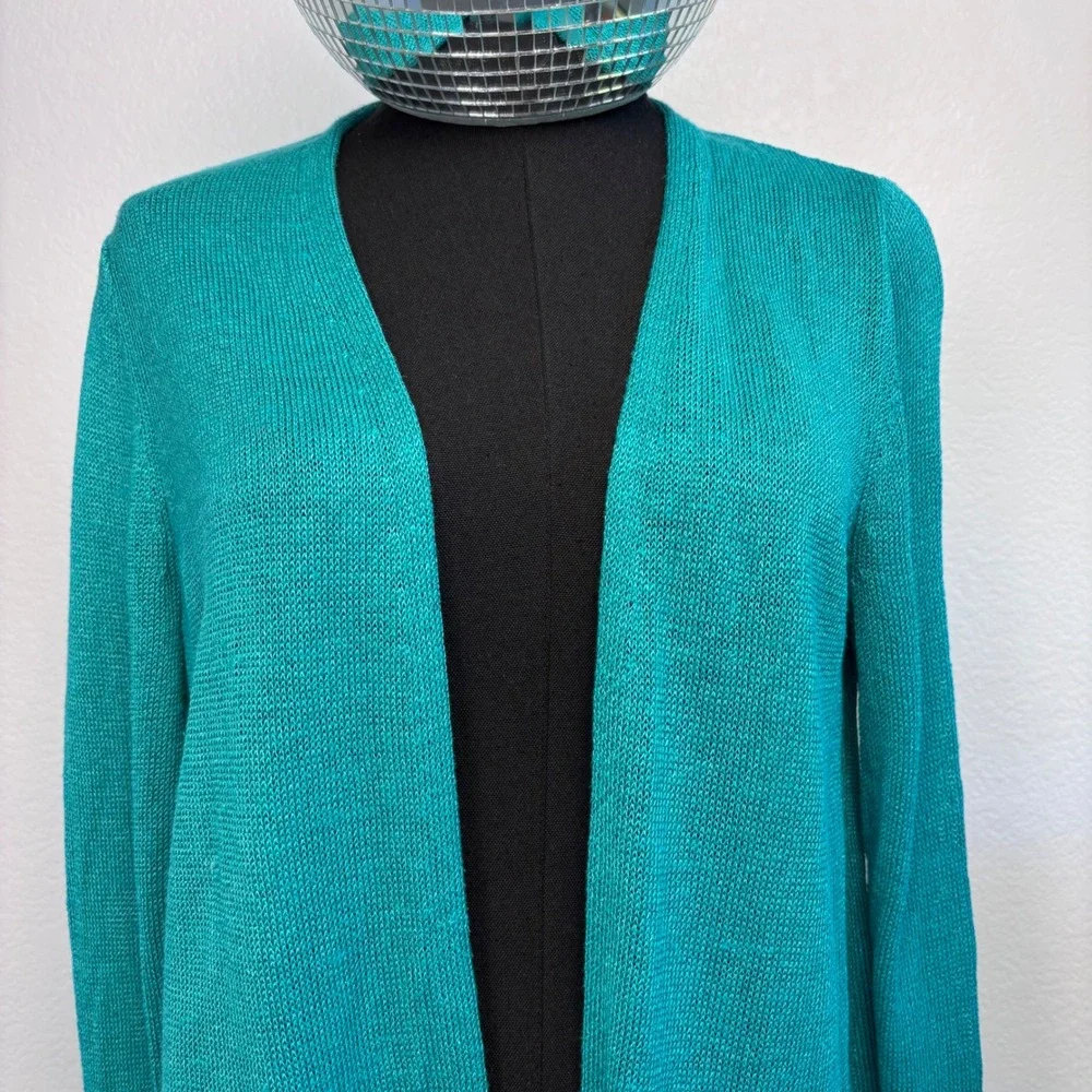 J. Jill Linen Blend‎ Open Front Cardigan, Petite Medium, Teal Coastal beachy